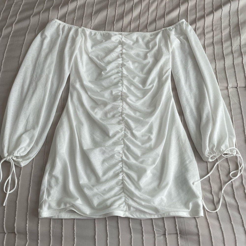OFF THE SHOULD RUCHED DRESS
